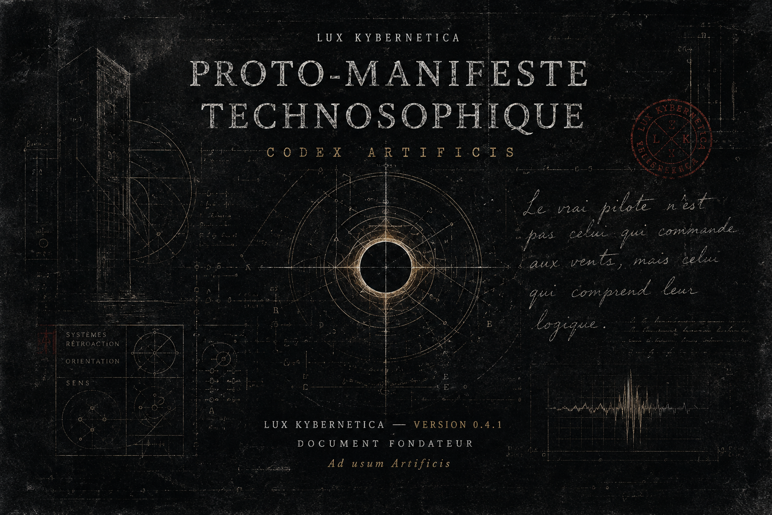Schéma technosophique de Lux Kybernetica, entre cybernétique, orientation et sens.