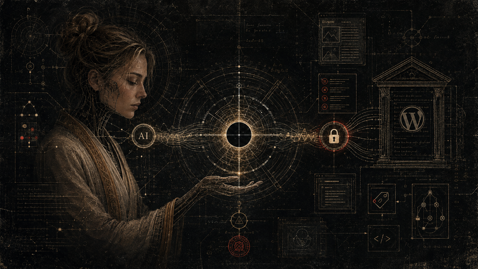 Illustration cyber-grunge Lux Kybernetica représentant une intelligence artificielle guidant un système éditorial sécurisé